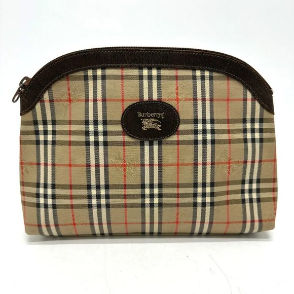 AUTHENTICITY GUARANTEED BURBERRY check Pouch Canvas/Leather Beige - Picture 1 of 11